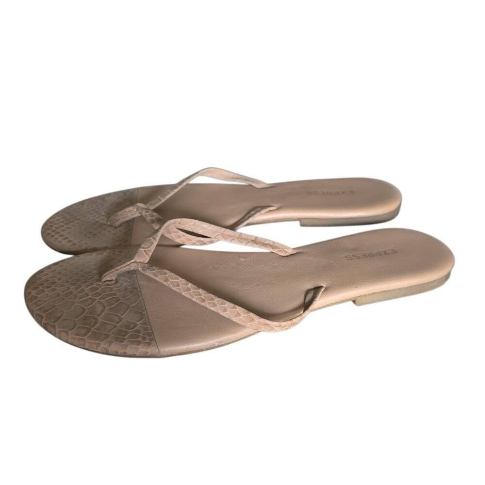 Express Women's Size 7 Tan Snakeskin Print Faux Leather Flip Flops